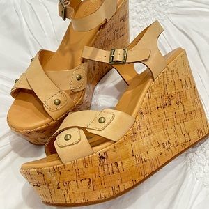 Original Kork-Ease Tan Leather and Cork Style Platform Wedge Sandal - size 7/38